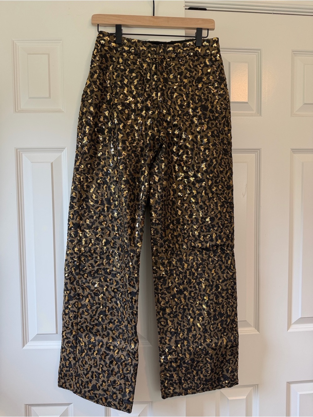 Zara Gold Sequin Leopard Print Straight Leg Pants